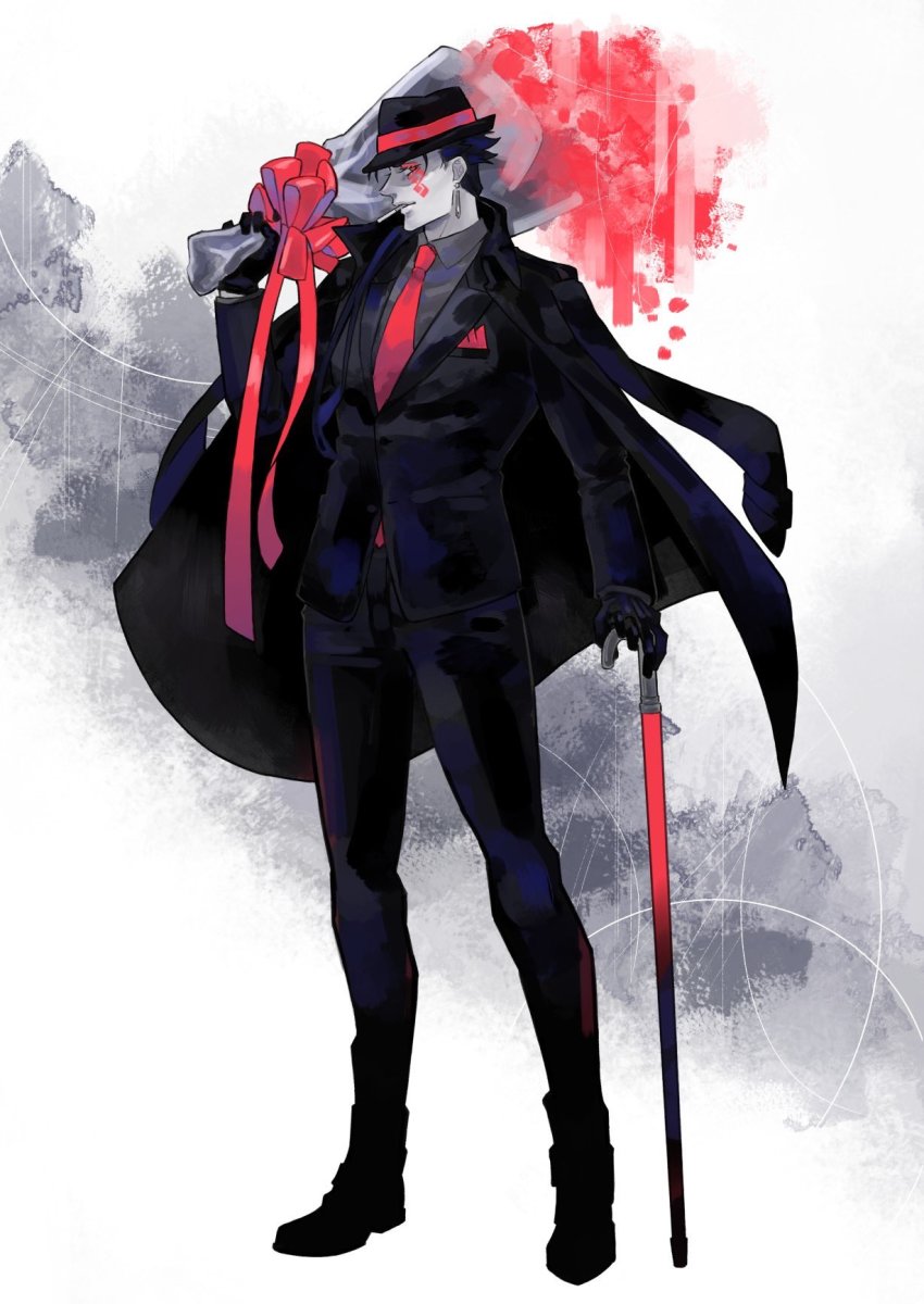 1boy, alternate_costume, bad_id, bad_twitter_id, blooming_yuki, blue_hair, bouquet, cane