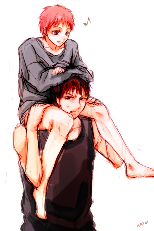 2boys, akashi_seijuurou, barefoot, carrying, heterochromia, kagami_taiga, kuroko_no_basuke, male_focus