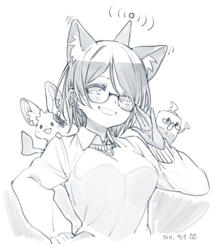 1girl, animal, animal_ear_fluff, animal_ears, breasts, glasses, greyscale, highres