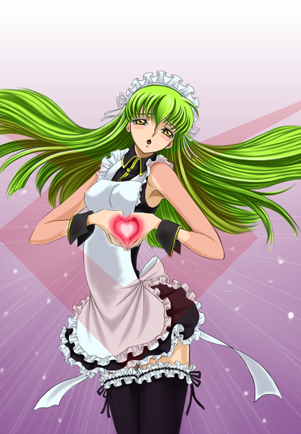 1girl, alternate_costume, apron, bad_id, bad_pixiv_id, blush, c.c., code_geass