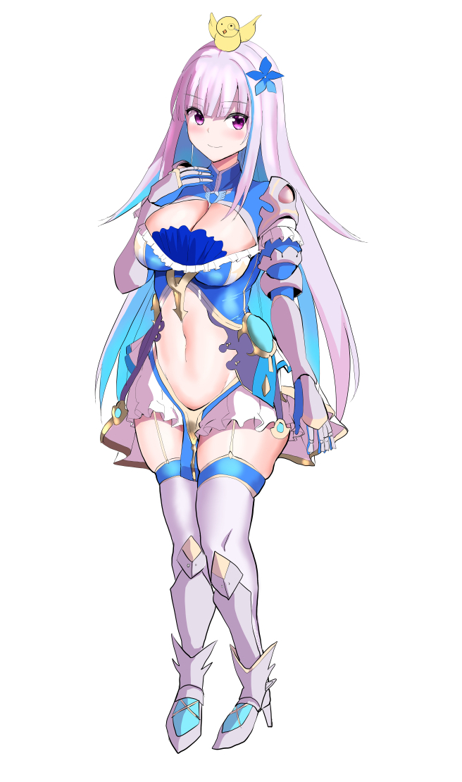 1girl, alternate_breast_size_(larger), armor, baby_animal, bird, blue_hair, blush, breasts