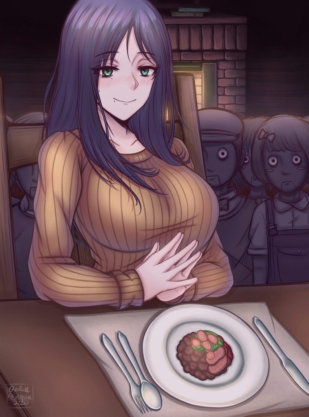 2020, black_hair, blush, breasts, chainsaw_man, closed_mouth, commentary, doll_joints, english_commentary, eve_(pixiv25240695), eyelashes, food, fork, hair_ribbon, hat, highres, horror_(theme), huge_breasts, indoors, joints, knife, long_hair, long_sleeves, looking_at_viewer, mole, mole_under_eye, mole_under_mouth, multiple_moles, plate, ribbon, santa_claus_(chainsaw_man), short_hair, signature, smile, solo_focus, spoon, sweater, table, tagme