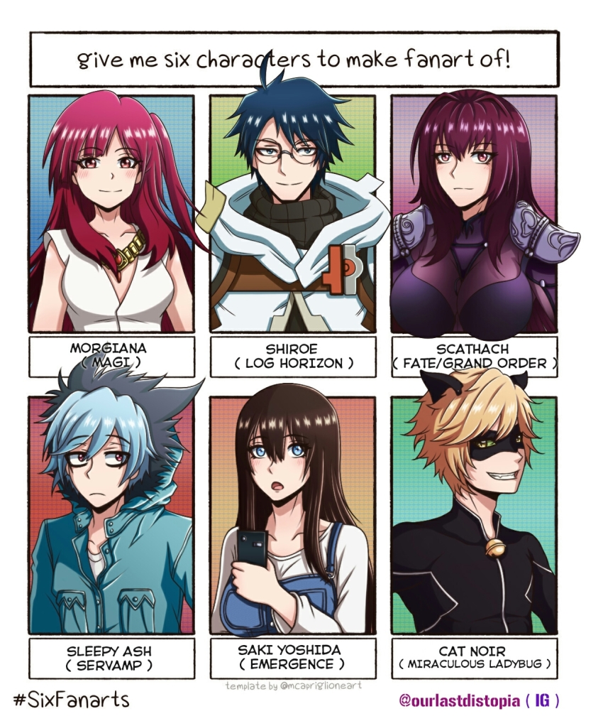 3boys, 3girls, :o, animal_ears, asymmetrical_hair, black_hair, blonde_hair, blush, breasts, cellphone, chat_noir, cleavage, closed_mouth, collarbone, commentary, emergence_(shindol), english_commentary, eve_(pixiv25240695), fake_animal_ears, fate/grand_order, fate_(series), frown, glasses, grid_background, grin, hair_between_eyes, highres, holding, holding_phone, kuro_(servamp), large_breasts, log_horizon, looking_at_viewer, magi_the_labyrinth_of_magic, mask, medium_breasts, miraculous_ladybug, morgiana, multicolored_hair, multiple_boys, multiple_drawing_challenge, multiple_girls, phone, pocket, purple_hair, scathach_(fate), servamp, shiroe_(log_horizon), six_fanarts_challenge, smile, two-tone_hair, yoshida_saki