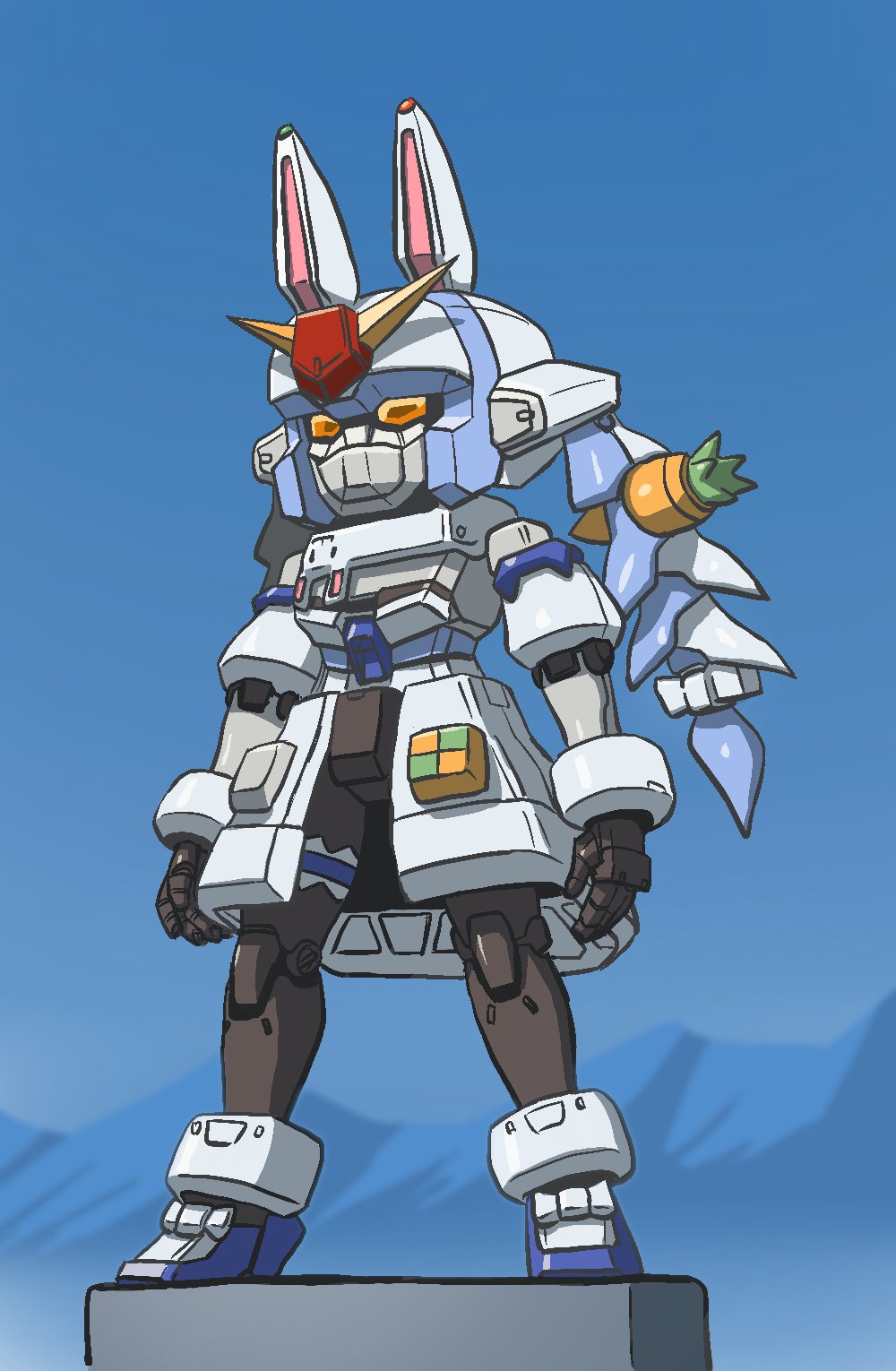 animal_ears, arms_at_sides, blue_background, blue_footwear, blue_sky, coat, commentary, commentary_request