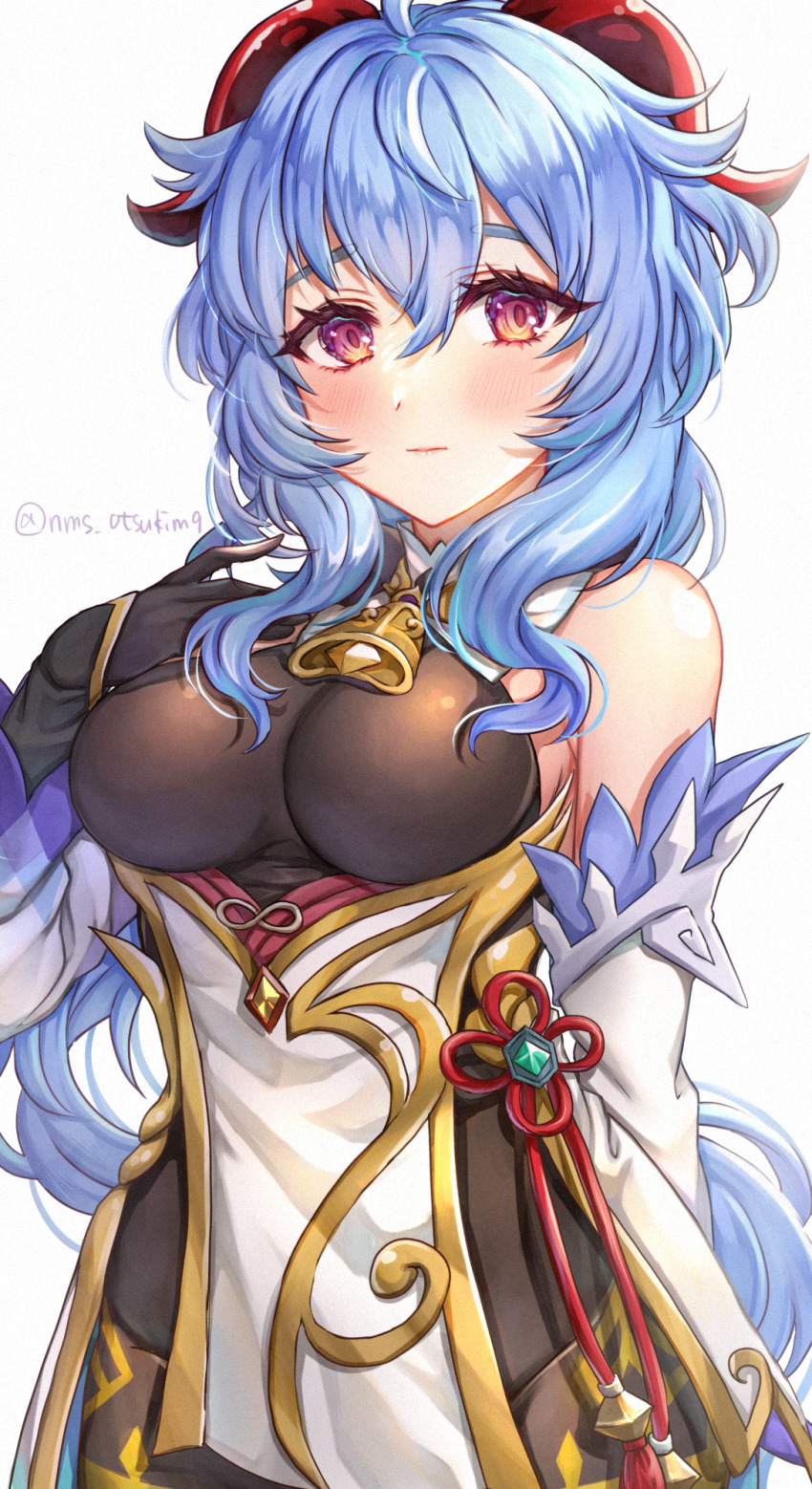 1girl, ahoge, bare_shoulders, blush, breasts, chinese_knot, cowbell, ganyu_(genshin_impact)