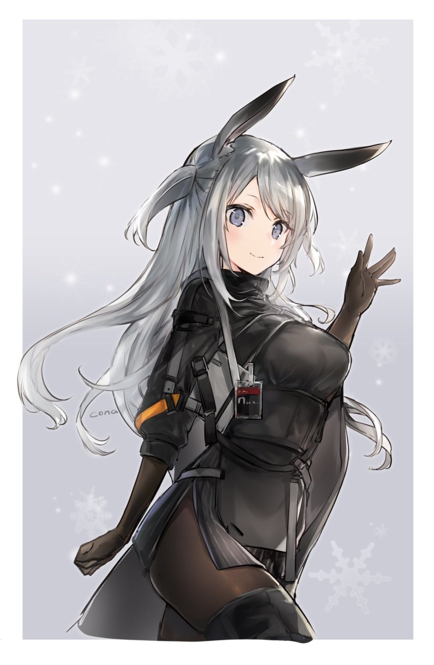 1girl, animal_ear_fluff, animal_ears, arknights, black_dress, blue_eyes, border, breasts