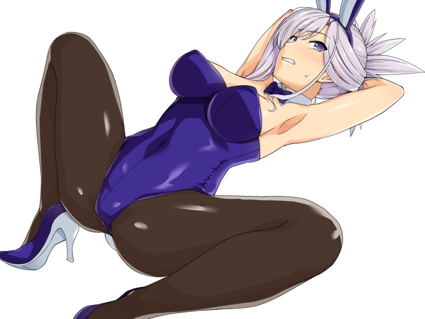 1girl, animal_ears, armpits, arms_behind_head, arms_up, ass, blue_eyes, blue_leotard, breasts, rabbit_ears, rabbit_tail, clenched_teeth, detached_collar, embarrassed, fake_animal_ears, fake_animal_tail, fate/grand_order, fate_(series), haruhisky, high_heels, large_breasts, leotard, medium_hair, miyamoto_musashi_(fate), navel_visible_through_clothing, pantyhose, playboy_bunny, silver_hair, solo, spread_legs, squatting, strapless, strapless_leotard, tail, teeth, white_background