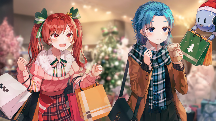 2girls, absurdres, anger_vein, bag, black_shirt, black_skirt, blue_eyes, blue_hair