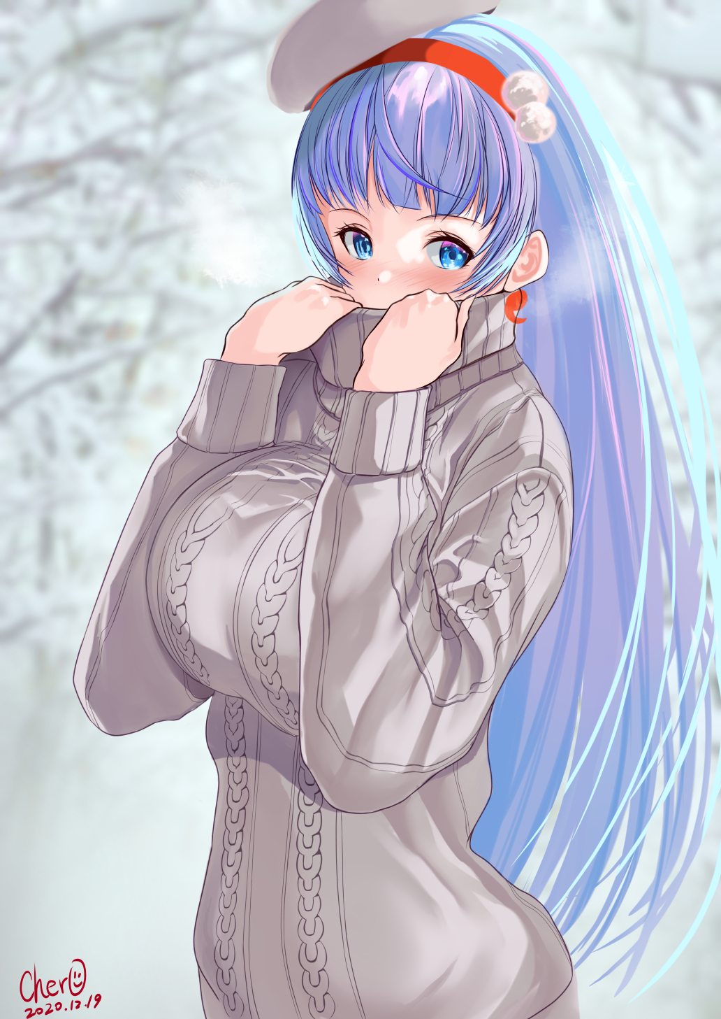 1girl, adjusting_collar, artist_name, blue_eyes, blue_hair, blurry, blurry_background, blush
