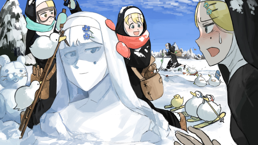 4girls, :d, absurdres, aqua_mittens, aqua_scarf, baby_animal, bag, bandaid, bandaid_on_object, bird, blonde_hair, blue_eyes, blue_flower, blush, boots, brown_hair, chicken, chisel, clumsy_nun_(diva), commentary, cookie, day, diva_(hyxpk), doll, duck, duckling, english_commentary, flower, food, frog, froggy_nun_(diva), fur-trimmed_boots, fur_trim, goggles, hair_flower, hair_ornament, hairclip, hammer, highres, kick_scooter, knife, ladder, little_nuns_(diva), mittens, mole, mole_under_eye, mouth_hold, multiple_girls, nun, open_mouth, outdoors, racing, red_mittens, red_scarf, scarf, shoulder_bag, sideways_mouth, skateboard, skis, sky, slice_of_life, smile, snow_sculpture, spicy_nun_(diva), strict_nun_(diva), stuffed_animal, stuffed_toy, surprised, sweatdrop, teddy_bear, tools, traditional_nun, tree, watching, whiskers, yellow_eyes