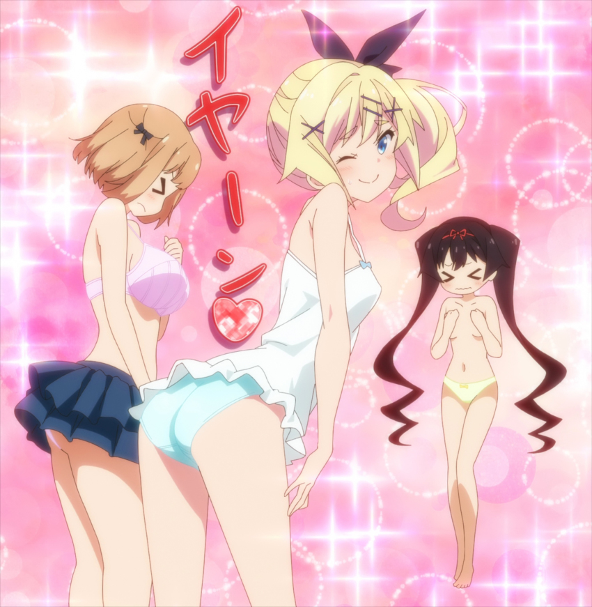 3girls, ass, black_eyes, blonde_hair, blue_eyes, blue_panties, blush, bra