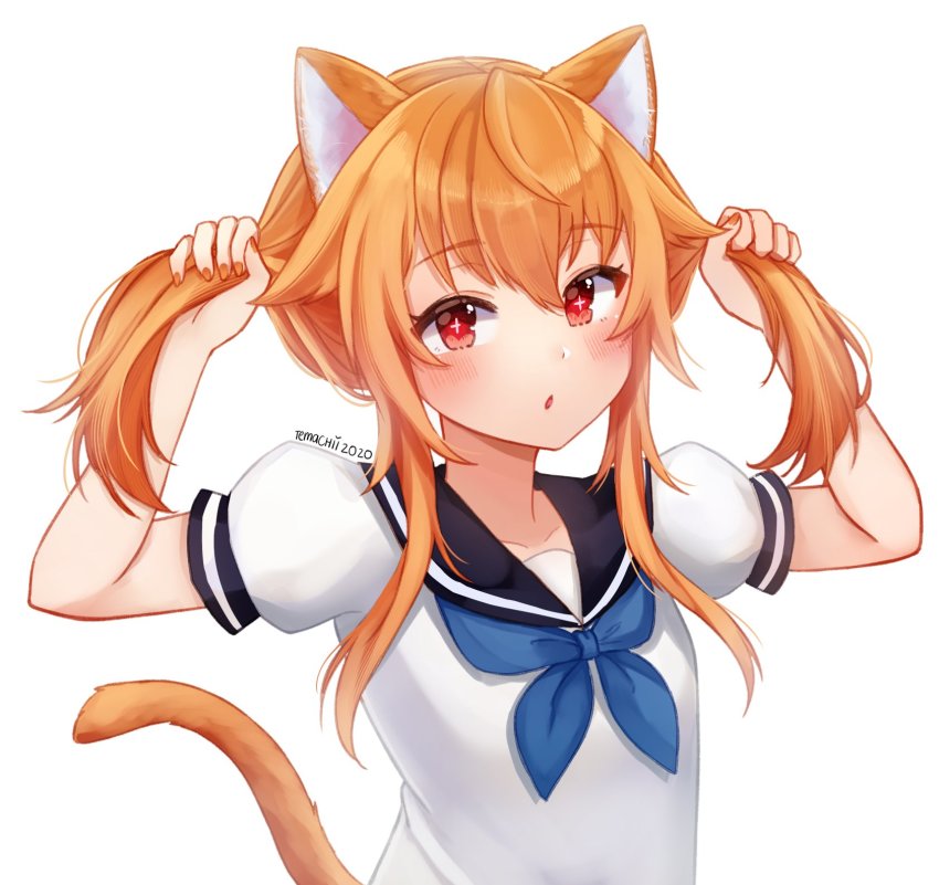 1girl, animal_ears, black_sailor_collar, blouse, blue_neckerchief, blush, bunching_hair, cat_ears