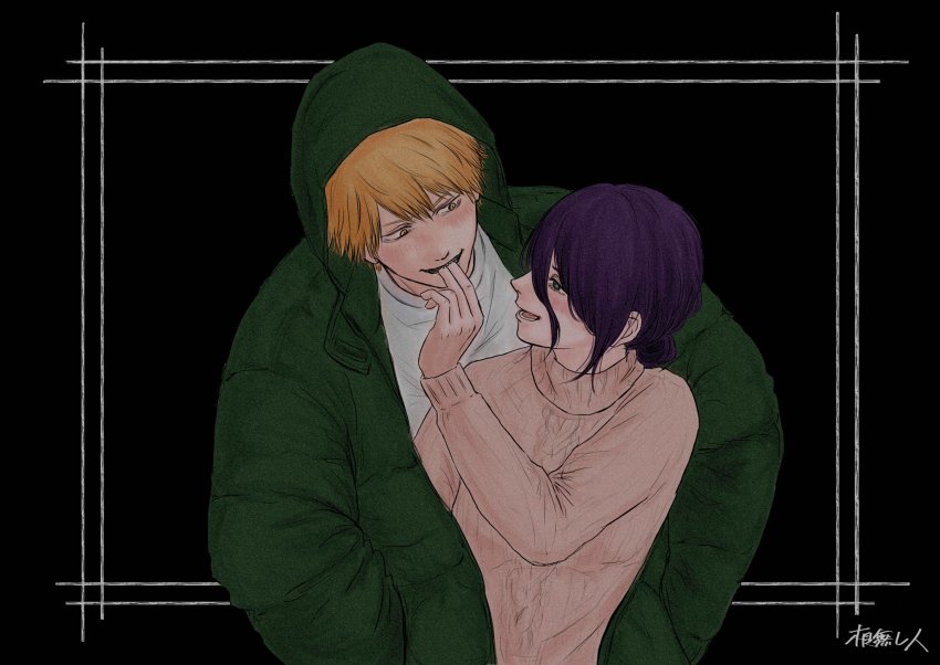 1boy, 1girl, biting, black_background, blonde_hair, blush, border, chainsaw_man, coat, denji_(chainsaw_man), green_eyes, green_jacket, hair_between_eyes, hair_tied, hair_tied_back, hetero, highres, hug, jacket, long_hair, long_sleeves, nenashibito, open_mouth, pink_sweater, ponytail, purple_hair, reze_(chainsaw_man), sharing_coat, sharp_teeth, shirt, short_hair, three-quarter_sleeves, smile, sweater, teeth, tongue, watermark, white_shirt, winter_clothes, winter_coat, yellow_eyes