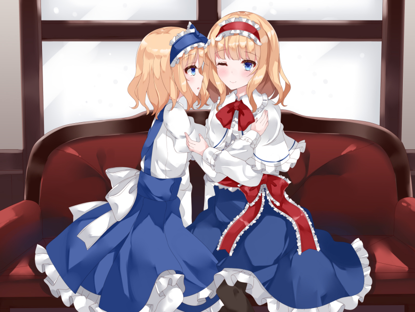 2girls, alice_margatroid, alice_margatroid_(pc-98), black_legwear, blonde_hair, blue_dress, blue_eyes, blue_skirt