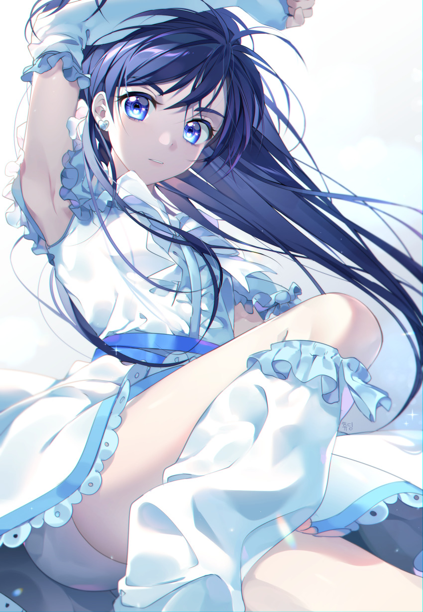 1girl, absurdres, arm_up, armpits, artist_name, bike_shorts, blue_eyes, blue_hair, bow, clenched_hand, commentary, cure_white, dress, earrings, elbow_gloves, fingerless_gloves, frilled_dress, frilled_gloves, frilled_leotard, frills, frown, futari_wa_precure, gloves, heart, heart_earrings, highres, hyuding_(hhgy0925), jewelry, knee_up, korean_text, lace, lace-trimmed_dress, lace_trim, leg_up, leotard, long_hair, looking_at_viewer, loose_socks, magical_girl, parted_lips, precure, short_dress, short_sleeves, shorts, shorts_under_dress, signature, socks, solo, sparkle, standing, white_bow, white_dress, white_gloves, white_legwear, white_shorts, yukishiro_honoka