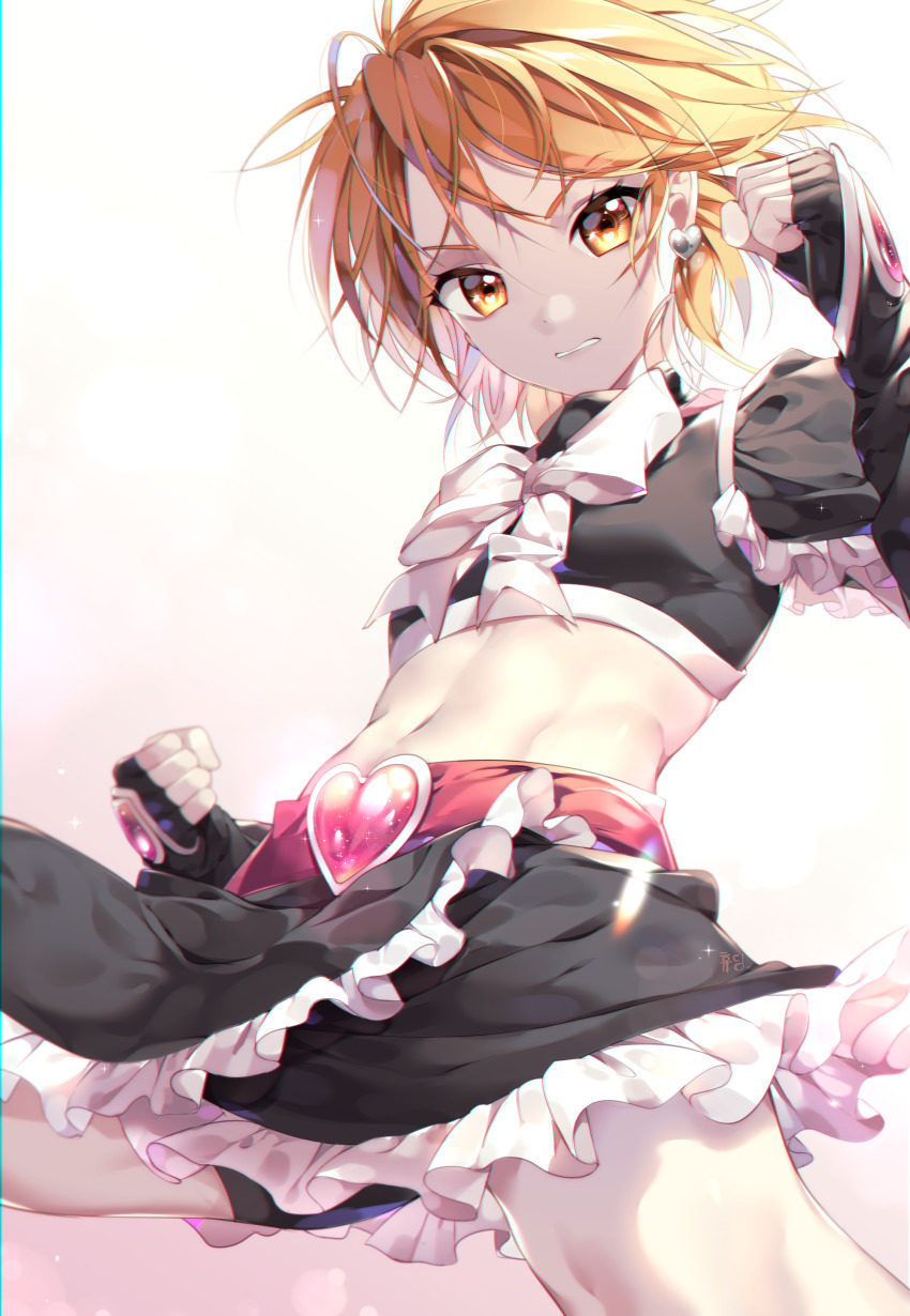 1girl, absurdres, artist_name, belt, black_gloves, black_shirt, black_skirt, black_socks, blonde_hair, bow, bracer, clenched_hands, commentary, crop_top, cure_black, earrings, elbow_gloves, fighting_stance, fingerless_gloves, frilled_skirt, frills, frown, futari_wa_precure, gloves, heart, heart_belt, heart_earrings, highres, hyuding_(hhgy0925), jewelry, korean_text, leg_up, looking_at_viewer, magical_girl, midriff, miniskirt, misumi_nagisa, navel, parted_lips, precure, red_belt, shirt, short_hair, short_sleeves, signature, skirt, socks, solo, sparkle, standing, standing_on_one_leg, white_bow, yellow_eyes