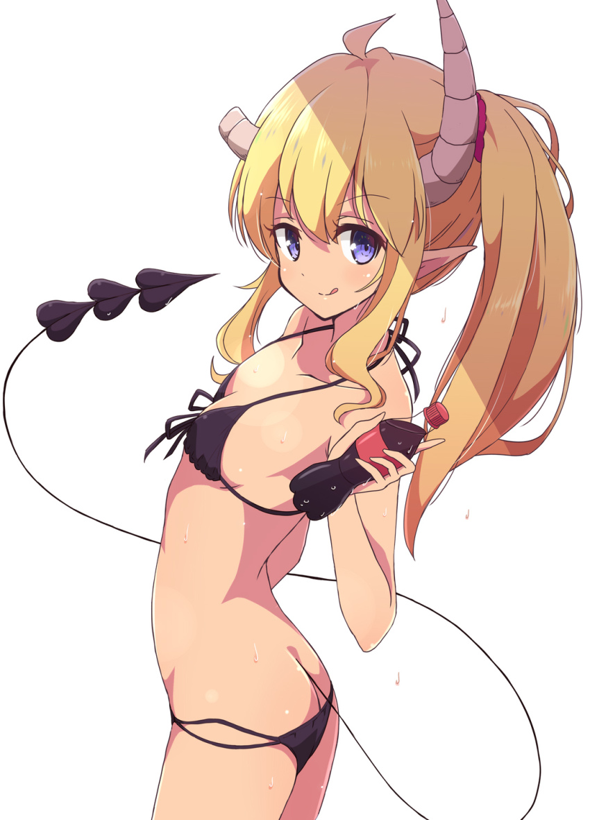1girl, ass, bikini, blonde_hair, blue_eyes, bottle, breasts, broken_horn, butt_crack, cola, commentary, cowboy_shot, demon_girl, demon_horns, demon_tail, drink, flat_chest, halterneck, highres, horns, licking_lips, lilith_(machikado_mazoku), lilith_(true_form)_(machikado_mazoku), looking_at_viewer, lowleg, lowleg_bikini, machikado_mazoku, mel_(melty_pot), pointy_ears, simple_background, small_breasts, soda_bottle, solo, string_bikini, swimsuit, tail, tongue, tongue_out, white_background