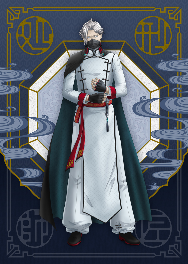 1boy, akudama_drive, black_footwear, black_gloves, cape, chinese_clothes, fingerless_gloves, full_body