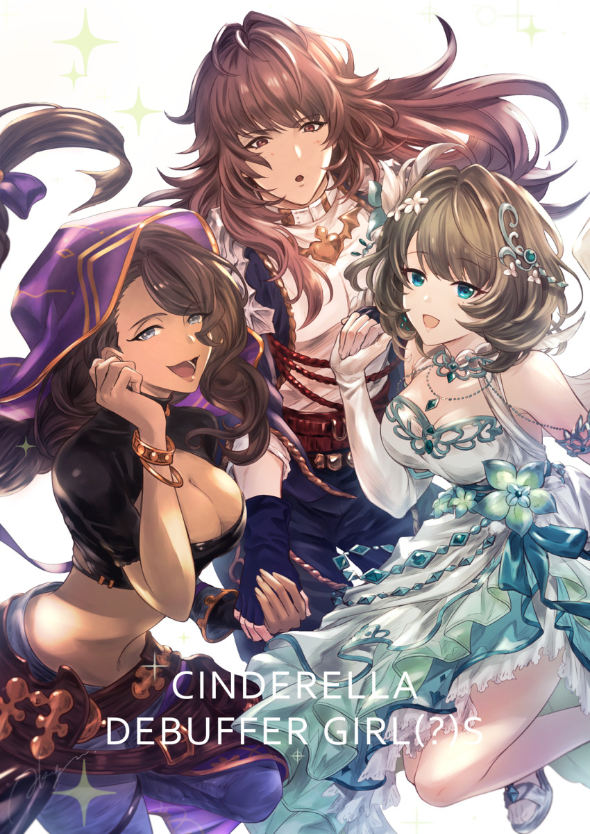 1boy, 2girls, bracelet, braid, breasts, brown_hair, cleavage, cleavage_cutout, clothing_cutout, crop_top, dark-skinned_female, dark_skin, dress, elbow_gloves, fingerless_gloves, gloves, granblue_fantasy, green_dress, highres, holding_hands, idolmaster, idolmaster_cinderella_girls, jewelry, long_hair, md5_mismatch, midriff, mole, mole_under_eye, multiple_girls, necklace, resolution_mismatch, shingeki_no_bahamut, source_smaller, sparkle, tabina_(granblue_fantasy), takagaki_kaede, trait_connection, yotsubaya, yurius_(shingeki_no_bahamut)