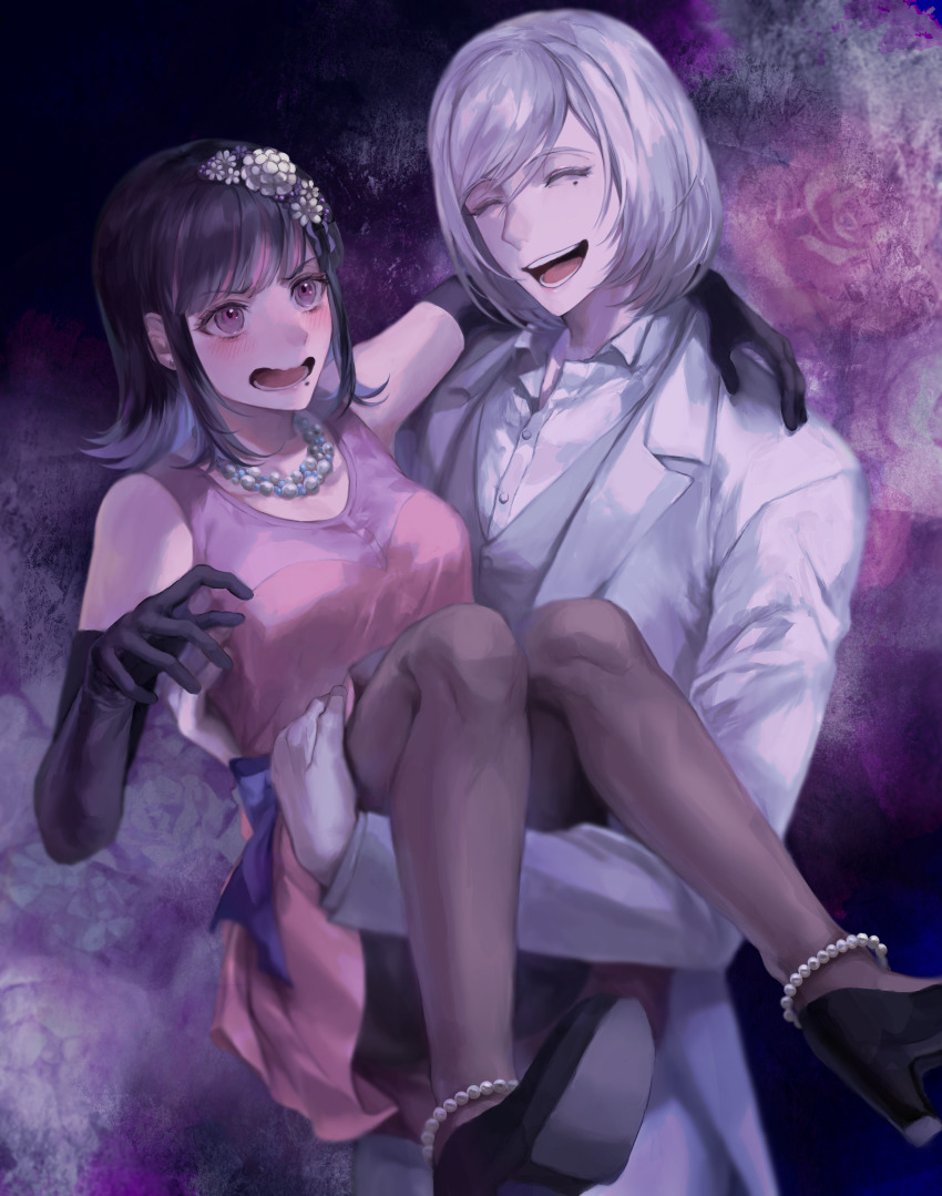 1boy, 1girl, :o, absurdres, akudama_drive, ankleband, arm_around_shoulder, black_footwear