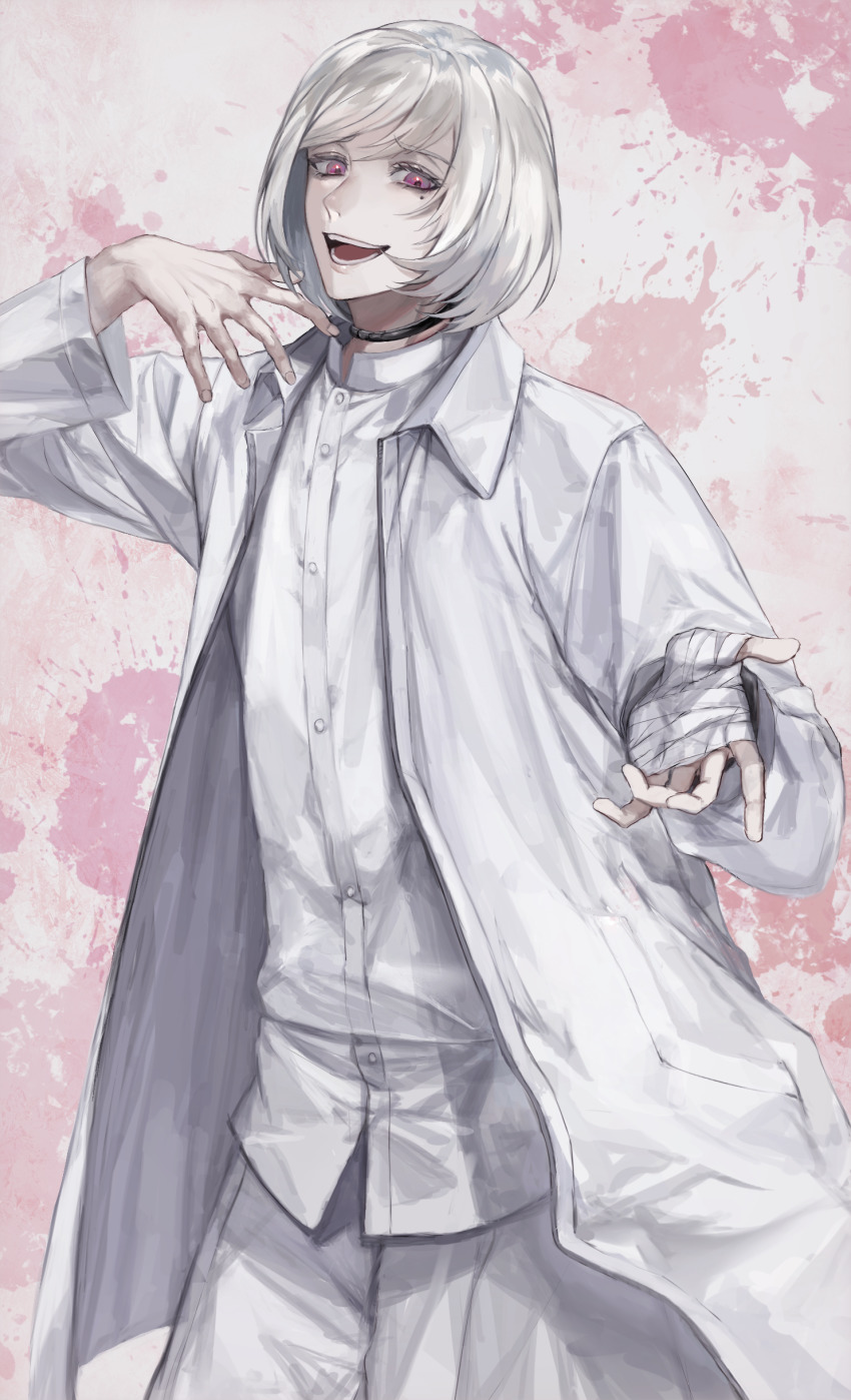 1boy, :d, absurdres, akudama_drive, bandaged_hand, coat, collar, cutthroat_(akudama_drive)