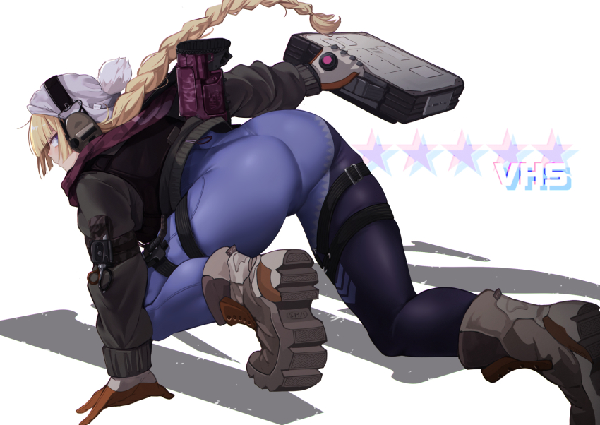 1girl, arm_holster, ass, assault_rifle, black_jacket, blonde_hair, blue_eyes, blunt_bangs, boots, braid, braided_ponytail, brown_gloves, bulletproof_vest, bullpup, camouflaged_object, character_name, combat_boots, commentary_request, floating_hair, from_behind, girls'_frontline, gloves, grey_gloves, gun, hat, headphones, headset, highres, holding, holding_case, holster, jacket, kneeling, knife_sheath, leaning, leaning_forward, leatherman_raptor, long_hair, long_sleeves, looking_at_viewer, mishima_hiroji, partial_commentary, pom_pom_(cheerleading), purple_eyes, red_scarf, rifle, scarf, scissors, sheath, solo, spandex, strap, tactical_clothes, thigh_holster, thigh_strap, two-tone_gloves, vhs-d2, vhs_(girls'_frontline), vhs_(keeper_on_page_8)_(girls'_frontline), weapon, white_hat