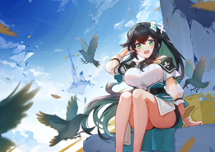 1girl, above_clouds, absurdres, arm_support, bird, black_hair, blue_sky, blush