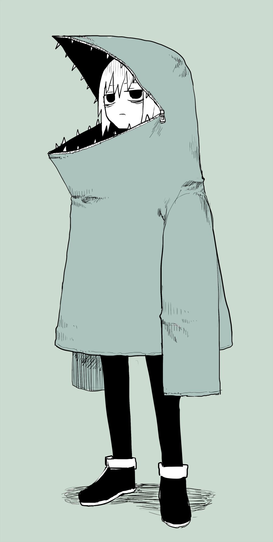 1girl, black_eyes, black_pants, full_body, gomihitosi, green_background, green_theme, highres