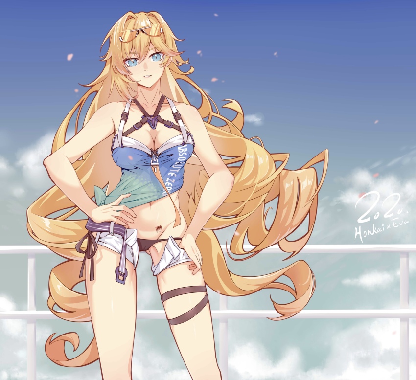 1girl, absurdres, barcode, bare_shoulders, belt, bikini, blonde_hair, blue_eyes