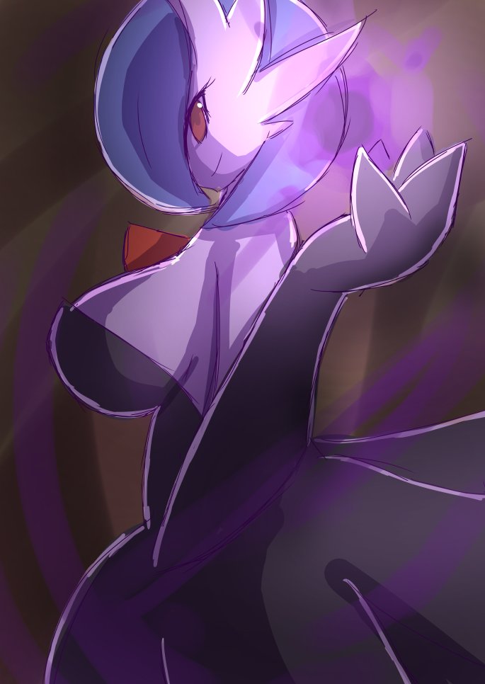 1girl, abstract_background, alternate_color, black_dress, blue_hair, breasts, cleavage, colored_skin