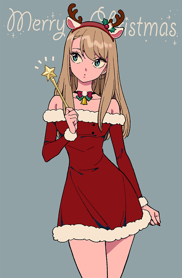 1girl, animal_ears, aqua_eyes, brown_hair, choker, christmas, dress, fake_animal_ears