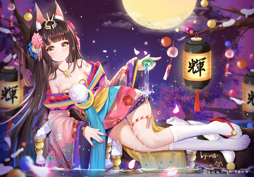 1girl, animal_ear_fluff, animal_ears, azur_lane, bare_legs, bare_shoulders, black_hair, clog_sandals, cup, feet, flower, fox_ears, fox_girl, highres, japanese_clothes, kimono, lantern, long_hair, miaogujun, moon, nagato_(azur_lane), nagato_(guardian_fox's_shining_furisode)_(azur_lane), nail_polish, no_bra, official_alternate_costume, sandals, soles, water, white_legwear, zouri