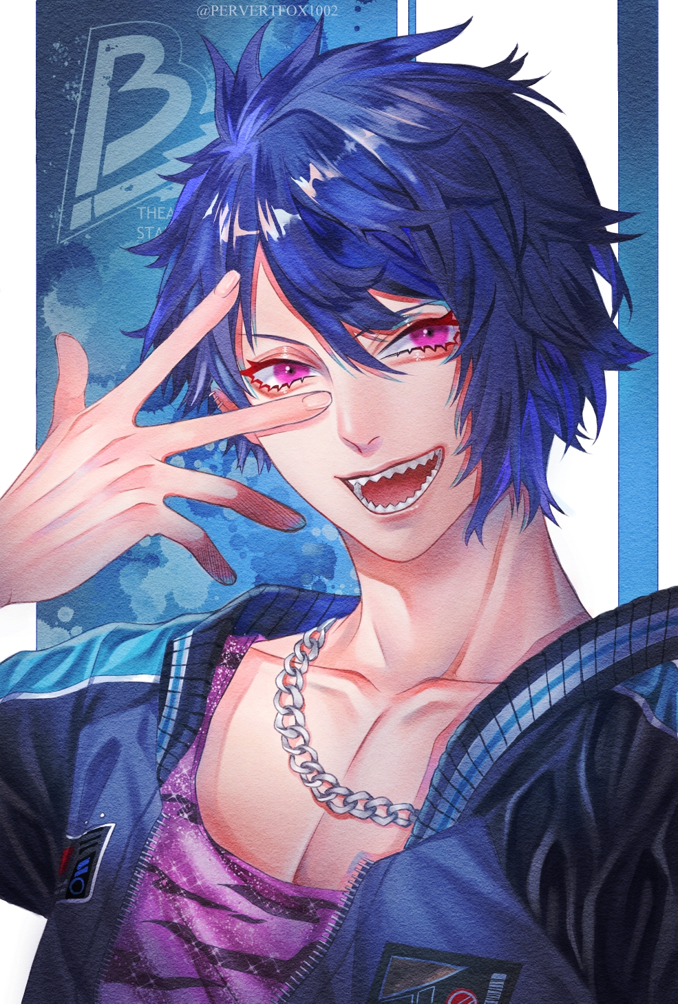 1boy, artist_name, blackstar_-theater_starless-, blue_hair, collarbone, copyright_name, hair_between_eyes, hand_up