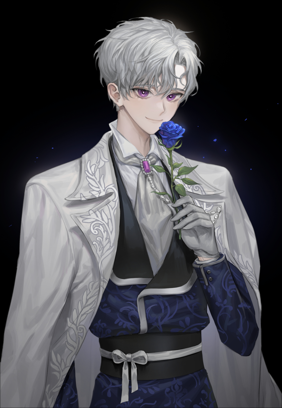1boy, arm_at_side, bishounen, black_background, blue_flower, blue_rose, brooch, flower