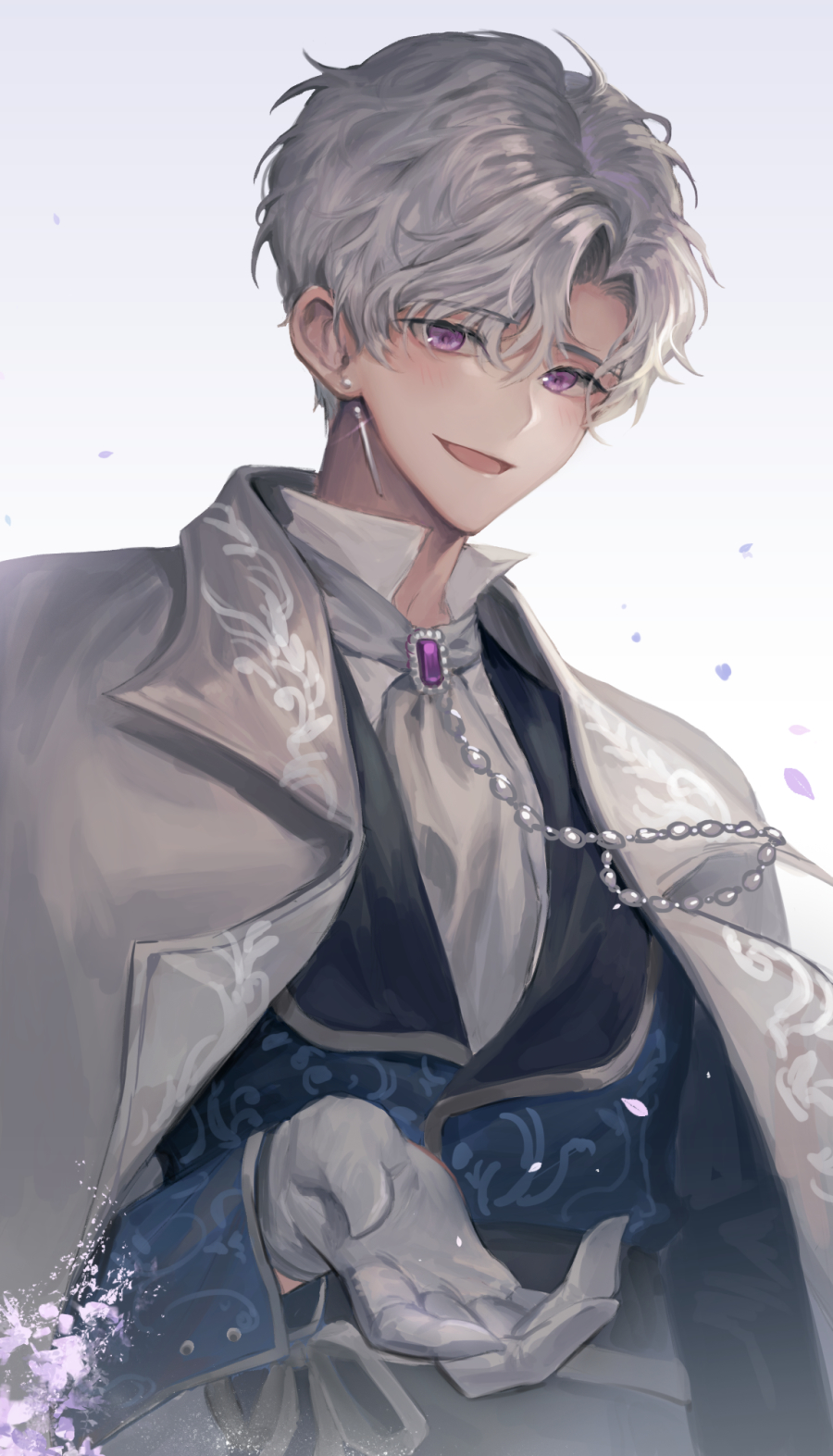 1boy, :d, bishounen, brooch, earrings, gloves, grey_hair, grey_neckwear, helio_niccolo, highres, jewelry, looking_at_viewer, male_focus, micha, open_mouth, purple_eyes, short_hair, simple_background, smile, upper_body, white_background, white_gloves, your_throne