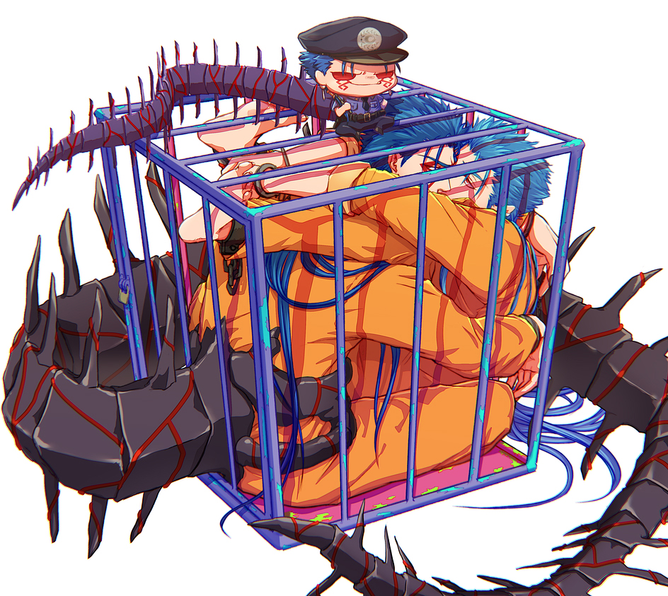 1other, 2boys, barefoot, blue_hair, chibi, cu_chulainn_(caster)_(fate), cu_chulainn_(fate), cu_chulainn_alter_(fate)