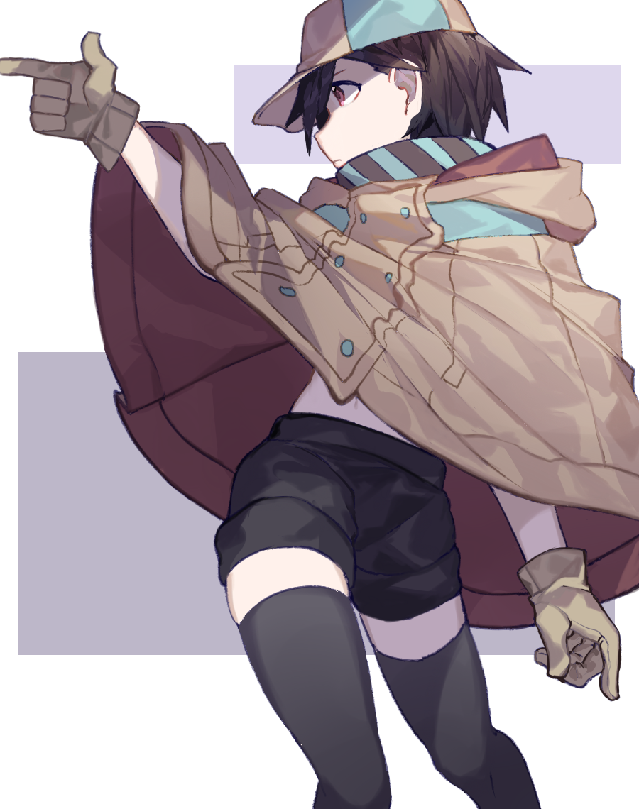 1girl, black_hair, black_shorts, black_thighhighs, brown_coat, brown_gloves, caddy_cyd, coat