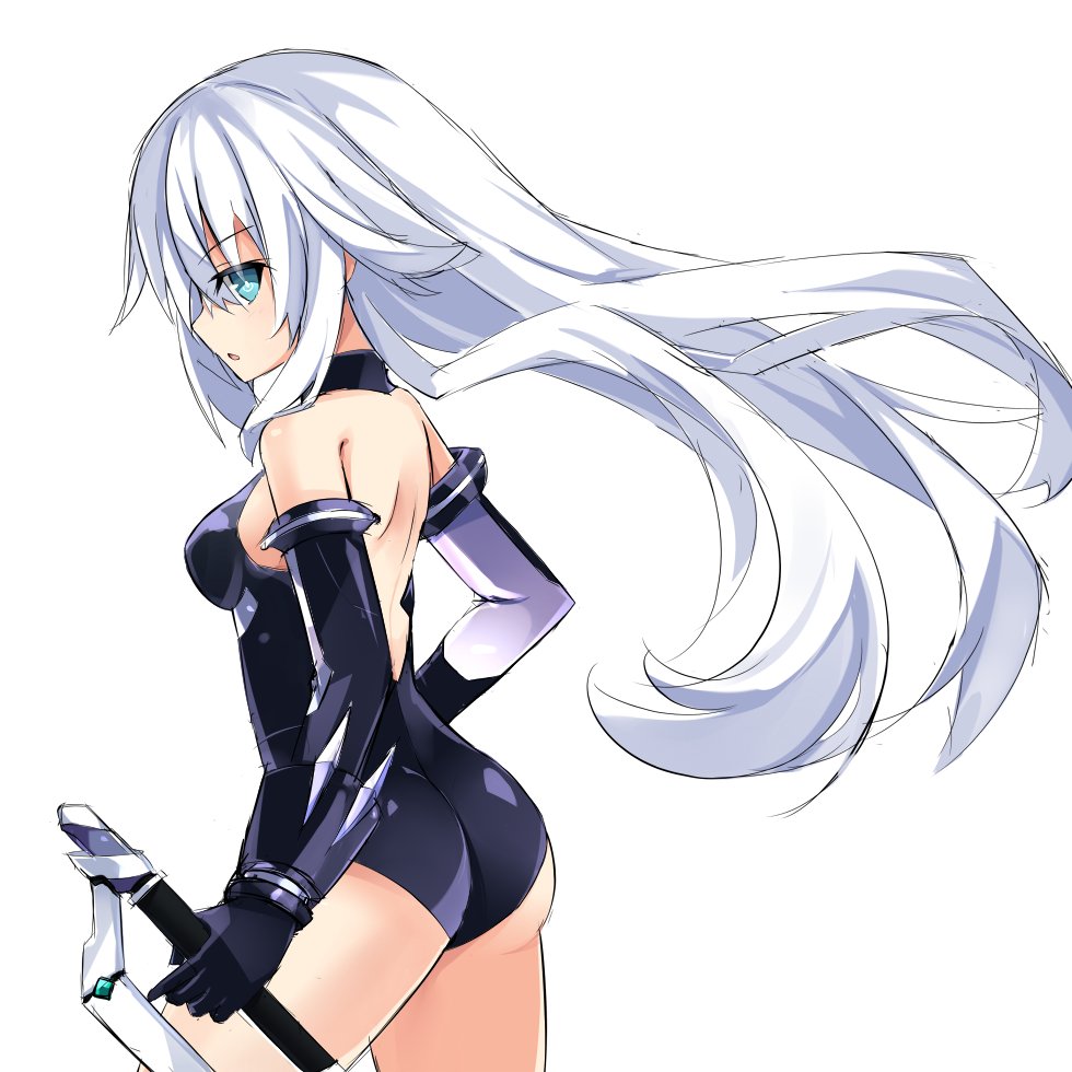 ass, back_muscles, black_heart_(neptunia), bodysuit, breasts, from_side, gloves, green_eyes, holding, holding_sword, holding_weapon, long_hair, medium_breasts, neptune_(series), noire_(neptunia), power_symbol-shaped_pupils, simple_background, solo, starmine255, sword, symbol-shaped_pupils, thighs, tsundere, weapon, white_background, white_hair