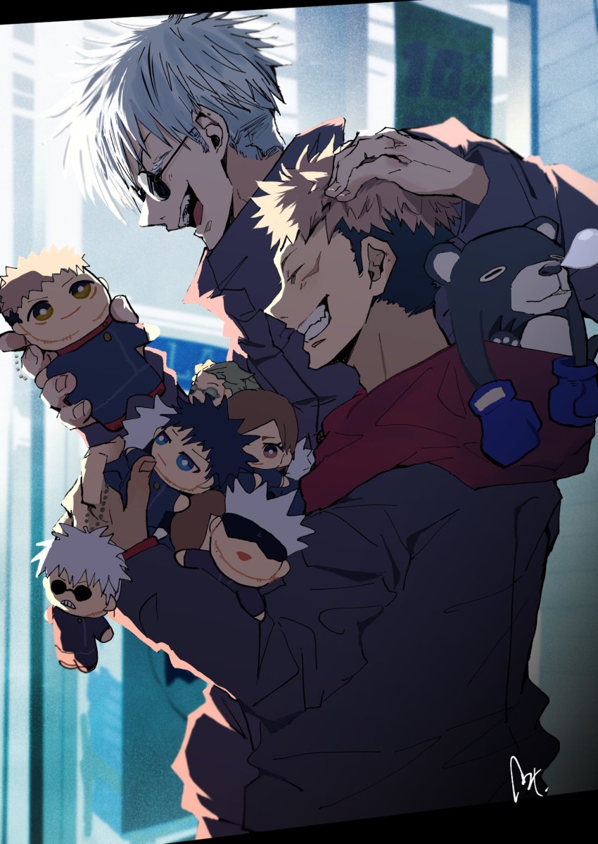 2boys, :d, ^_^, black_hair, black_jacket, brown_hair, closed_eyes, facial_mark