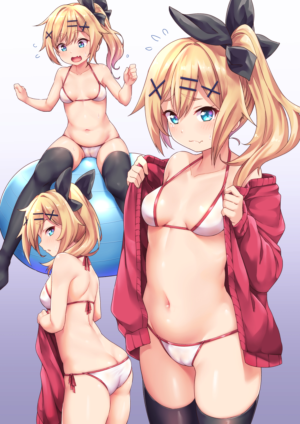 1girl, ass, bikini, black_bow, black_thighhighs, blonde_hair, blue_eyes, bow, breasts, closed_mouth, fang, gradient_background, hair_bow, hair_ornament, highres, jacket, kanabun, looking_at_viewer, medium_breasts, micro_bikini, navel, nukui_hayu, ochikobore_fruit_tart, open_clothes, open_jacket, open_mouth, purple_background, red_jacket, short_hair, side-tie_bikini_bottom, side_ponytail, sitting, skin_fang, solo, standing, swimsuit, thighhighs, white_background, white_bikini, x_hair_ornament