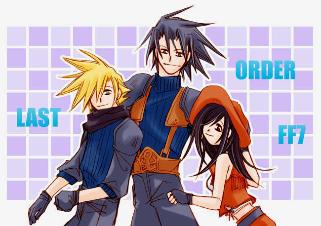 00s, 1990s_(style), 1girl, 2boys, aqua_eyes, black_gloves, black_hair, blonde_hair, blue_eyes, brown_eyes, checkered_background, classica, cloud_strife, cowboy_hat, final_fantasy, final_fantasy_vii, fingerless_gloves, fringe_trim, gloves, hat, last_order:_final_fantasy_vii, midriff, multiple_boys, retro_artstyle, scarf, simple_background, spiked_hair, standing, text_focus, tifa_lockhart, turtleneck, vest, zack_fair