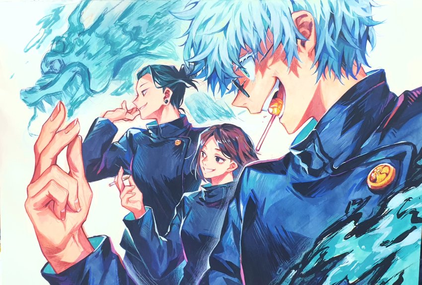 1girl, 2boys, aura, black_eyes, black_hair, black_jacket, blue_eyes, brown_hair