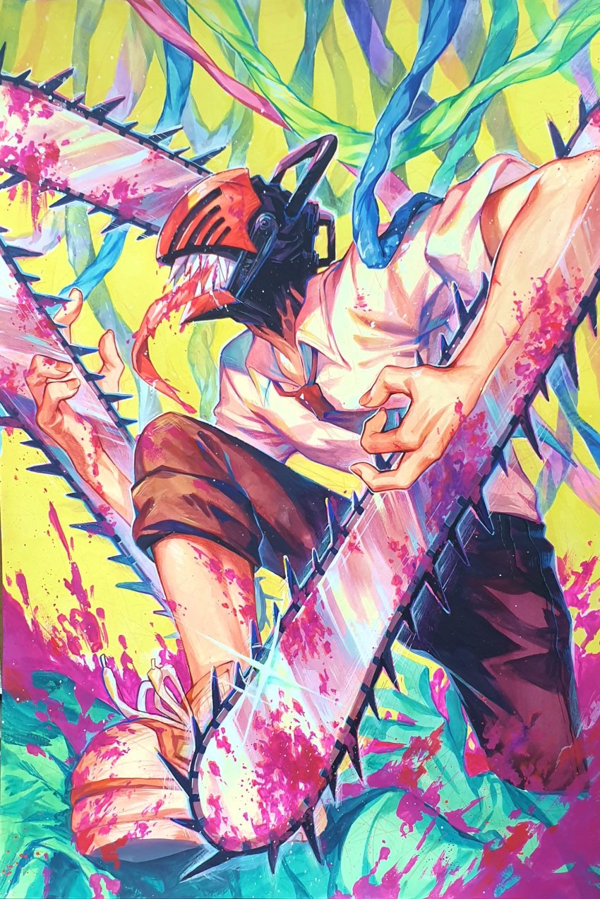 1boy, absurdres, black_necktie, black_pants, blood, blood_splatter, bloody_weapon, chainsaw