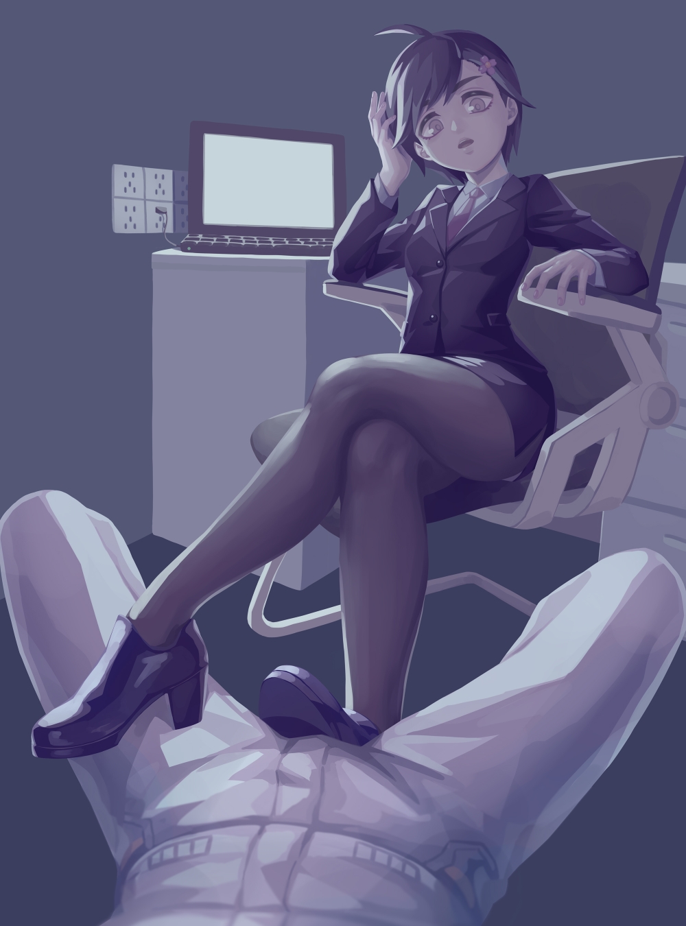 1boy, 1girl, ahoge, black_footwear, black_hair, black_pantyhose, black_skirt, chair