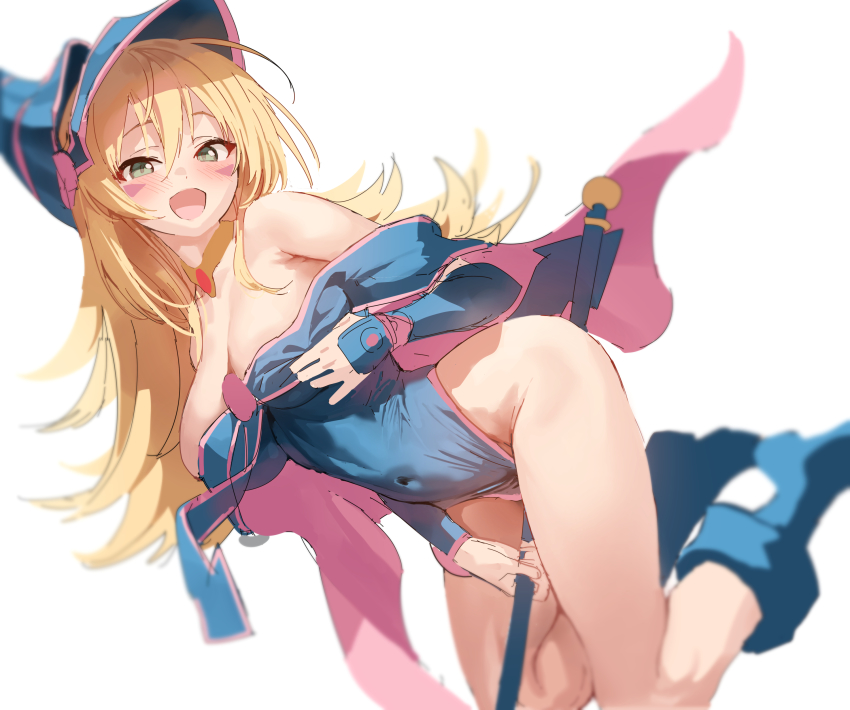 1girl, :d, absurdres, bare_shoulders, between_legs, blonde_hair, blue_boots, blue_hat