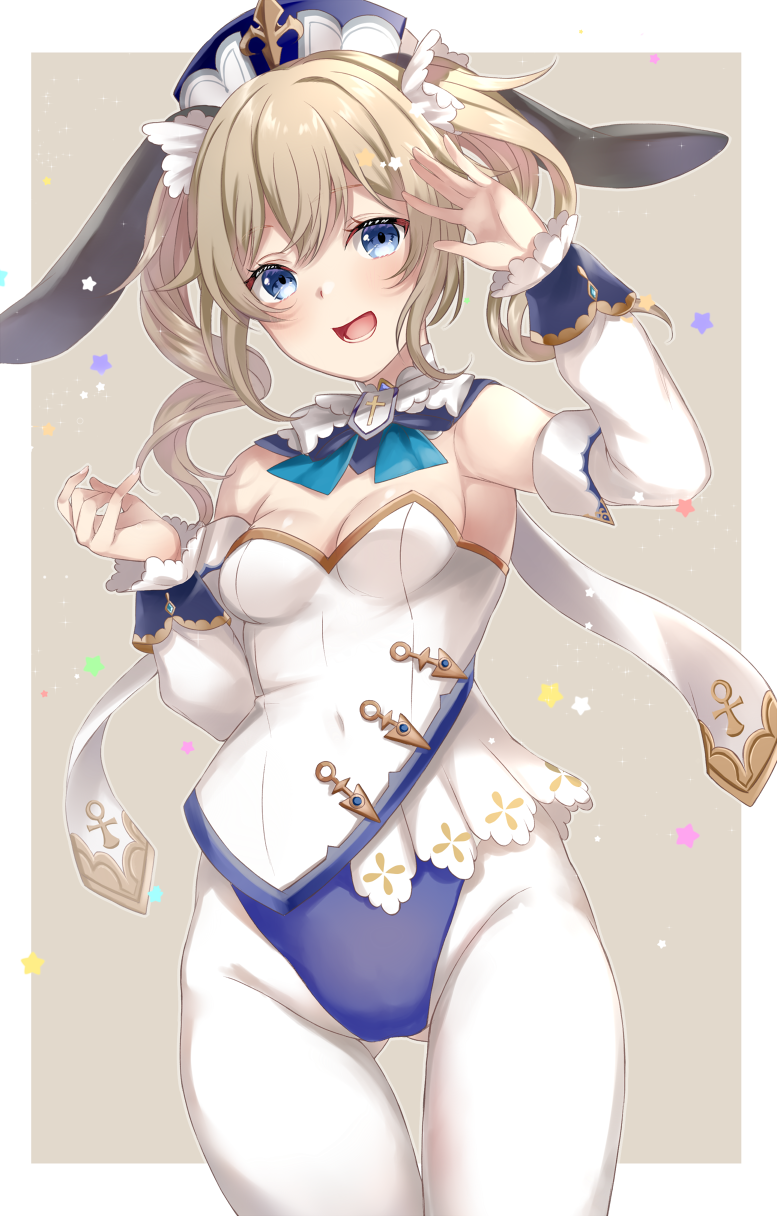 1girl, :d, animal_ears, barbara_(genshin_impact), bare_shoulders, blue_eyes, blue_hat, blue_leotard, breasts, brown_background, brown_hair, commentary_request, detached_sleeves, eyebrows_hidden_by_hair, genshin_impact, hands_up, hat, highres, leotard, long_hair, long_sleeves, mashiro_aa, open_mouth, pantyhose, rabbit_ears, sleeves_past_wrists, small_breasts, smile, solo, star_(symbol), strapless, twintails, two-tone_background, white_background, white_pantyhose, white_sleeves