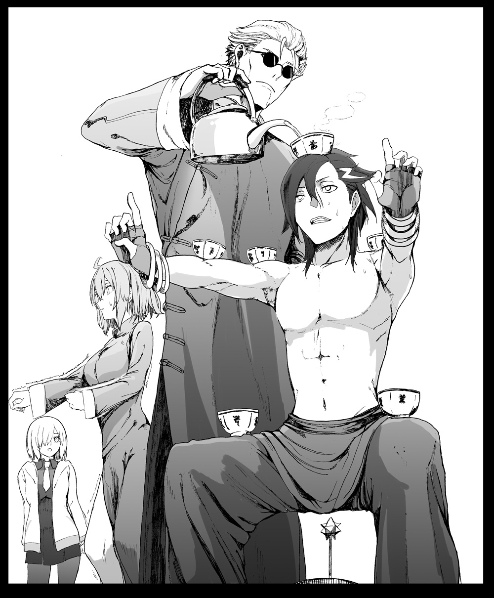 2boys, 2girls, ahoge, balancing_on_head, breasts, fate/grand_order, fate_(series), fujimaru_ritsuka_(female)