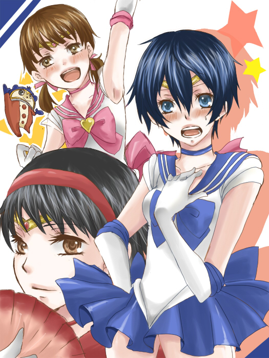 3girls, amagi_yukiko, atlus, bishoujo_senshi_sailor_moon, blue_sailor_collar, blue_skirt, brooch, cosplay