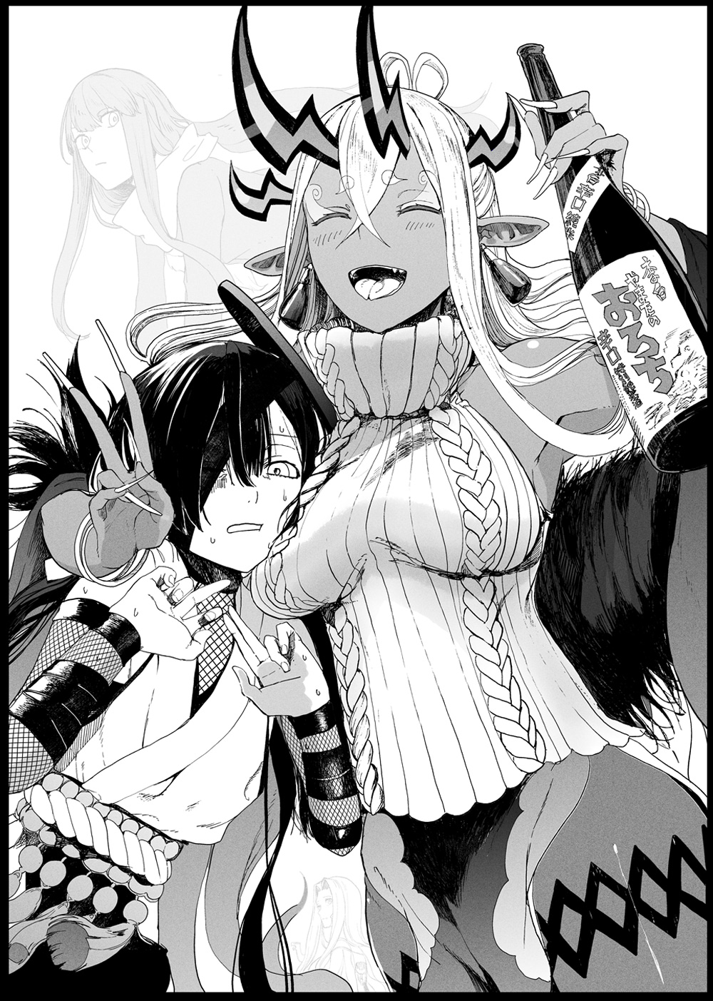 3girls, bare_shoulders, breasts, closed_eyes, dark-skinned_female, dark_skin, earrings, eyeliner