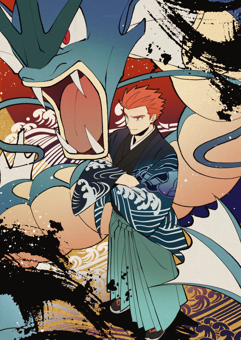 1boy, black_legwear, brown_eyes, closed_mouth, commentary_request, crossed_arms, gen_1_pokemon, gyarados